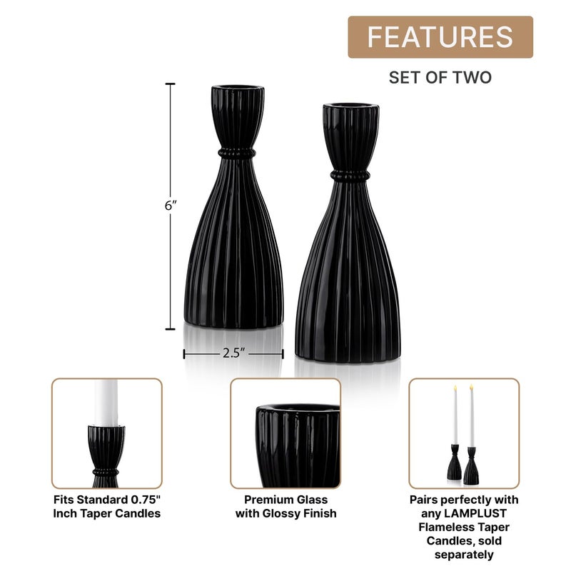 LampLust Taper Candle Holder, 2 Pack, 6 Inch, Black Glass Taper Candle Holders for Candlesticks, Decorative for Standard Taper Candle, Wedding Centerpieces, Table and Farmhouse Decor - Image 2